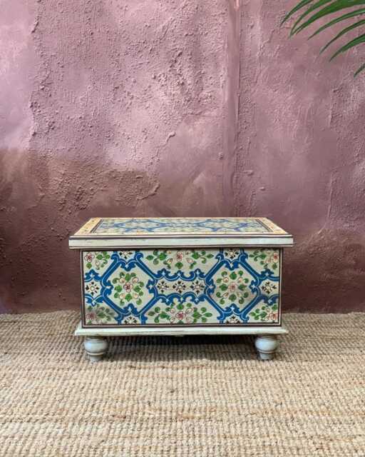 Hand-Painted Mango Wood Storage Box - Floral & Geometric Design - image 1
