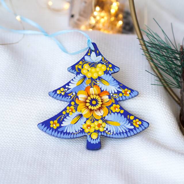 Hand Painted Ukrainian Christmas Ornament, Handmade Wooden Tree Unique Blue & Yellow Flowers Decoration - image 1