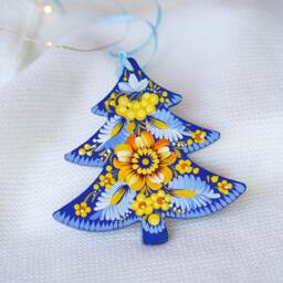 Hand Painted Ukrainian Christmas Ornament, Handmade Wooden Tree Unique Blue & Yellow Flowers Decoration - thumbnail 4
