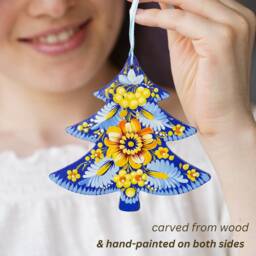 Hand Painted Ukrainian Christmas Ornament, Handmade Wooden Tree Unique Blue & Yellow Flowers Decoration - thumbnail 2