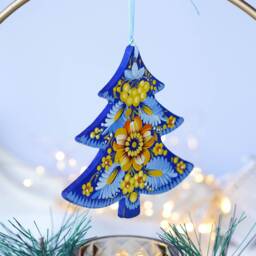 Hand Painted Ukrainian Christmas Ornament, Handmade Wooden Tree Unique Blue & Yellow Flowers Decoration - thumbnail 3