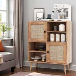 Rattan Sideboard Cabinet Wooden Buffet Storage With 2 Doors & 4 Open Cubbies - thumbnail 1