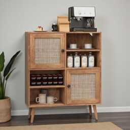 Rattan Sideboard Cabinet Wooden Buffet Storage With 2 Doors & 4 Open Cubbies - thumbnail 3