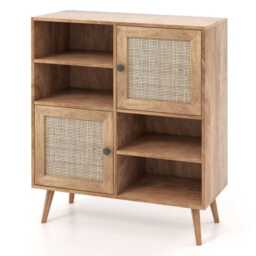 Rattan Sideboard Cabinet Wooden Buffet Storage With 2 Doors & 4 Open Cubbies - thumbnail 4