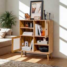 Rattan Sideboard Cabinet Wooden Buffet Storage With 2 Doors & 4 Open Cubbies - thumbnail 2