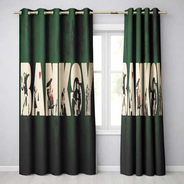 Dark Green Street Art Typography Collage Stencil Contemporary Wall Home Decor Readymade Eyelet Ring Top Thermal 100% Blackout Curtains - image 1