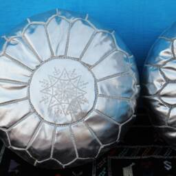 Handmade Moroccan Pouf Set Of 2 Silver Faux Leather Floor Ottomans - thumbnail 4