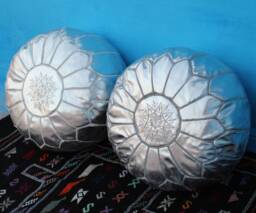 Handmade Moroccan Pouf Set Of 2 Silver Faux Leather Floor Ottomans