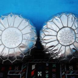 Handmade Moroccan Pouf Set Of 2 Silver Faux Leather Floor Ottomans - thumbnail 2