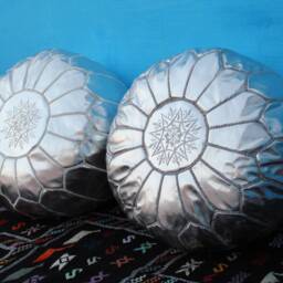 Handmade Moroccan Pouf Set Of 2 Silver Faux Leather Floor Ottomans - thumbnail 3