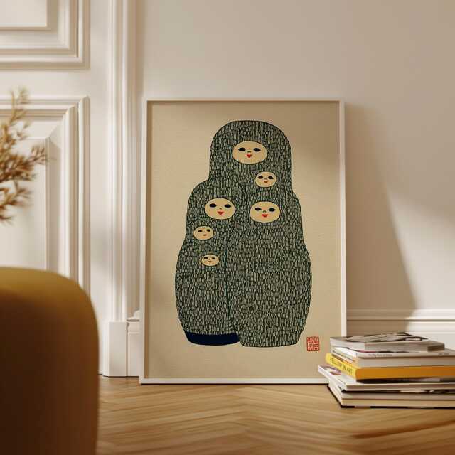 Matryoshka Art Print, Folk Doll Illustration, Nordic Style Wall Decor, Floral Linocut Poster - image 1
