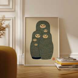 Matryoshka Art Print, Folk Doll Illustration, Nordic Style Wall Decor, Floral Linocut Poster - thumbnail 1