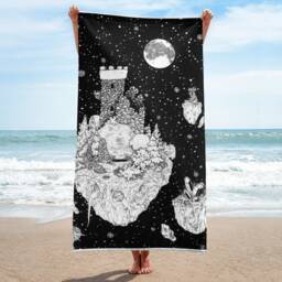Wandering Ruins Towel, Illustration Print. Sci-Fi Fantasy Outdoors Sky Island Castle Celestial Landscape. Wander Adventure Explore