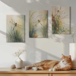Set Of 3 Canvas Prints - Painted Grasses With Dragonflies Above The Water, Green Wall Art, Plants & Flowers Decor - thumbnail 2