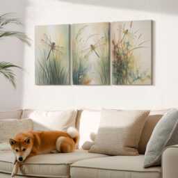 Set Of 3 Canvas Prints - Painted Grasses With Dragonflies Above The Water, Green Wall Art, Plants & Flowers Decor - thumbnail 3