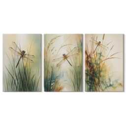 Set Of 3 Canvas Prints - Painted Grasses With Dragonflies Above The Water, Green Wall Art, Plants & Flowers Decor - thumbnail 1