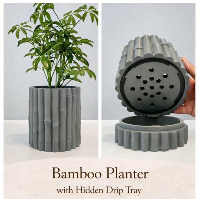 Bamboo Planter With Hidden Drip Tray - Modern 3D Printed Plant Pot Indoor - image 1