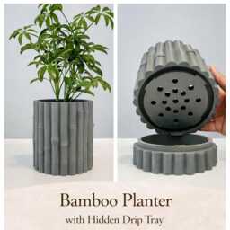 Bamboo Planter With Hidden Drip Tray - Modern 3D Printed Plant Pot Indoor - thumbnail 1