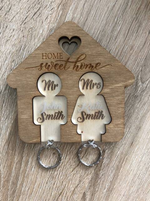 Personalised Mr & Mrs Keyrings Wooden Holder, Wedding Gift , New House - image 1