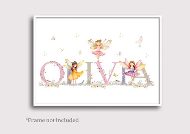 Girls Fairy Name Print, Wall Art, Personalised Print For Bedroom Or Nursery. Magical Print - image 1