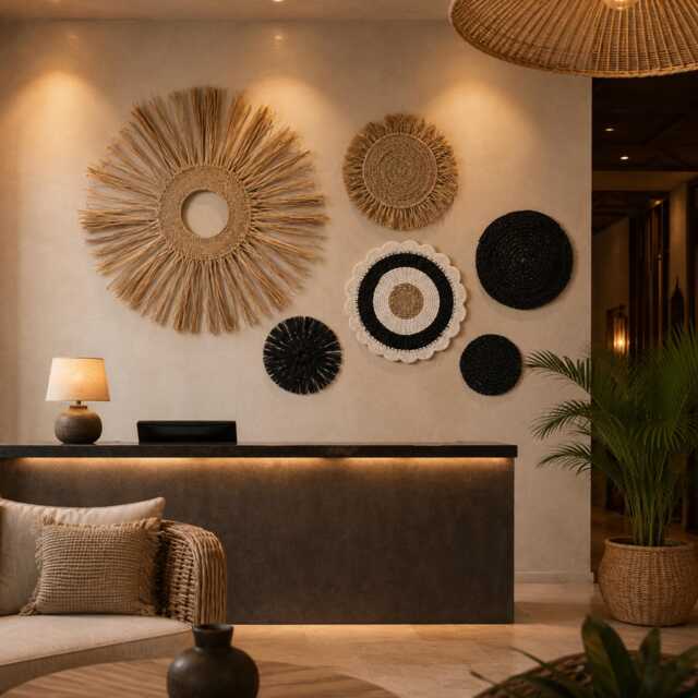 Woven Seagrass Wall Decor Set Of 6 Boho Fringe Circles Black Natural Gallery Art - image 1