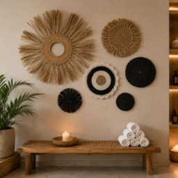 Woven Seagrass Wall Decor Set Of 6 Boho Fringe Circles Black Natural Gallery Art - thumbnail 3