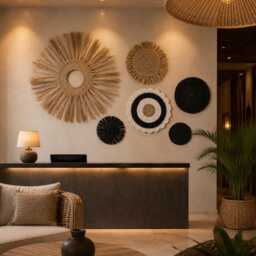 Woven Seagrass Wall Decor Set Of 6 Boho Fringe Circles Black Natural Gallery Art - thumbnail 1