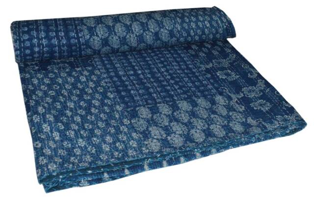 Indian Indigo Blue Patchwork Cotton Kantha Throw Blanket Bedspread Quilt - image 1