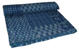 Indian Indigo Blue Patchwork Cotton Kantha Throw Blanket Bedspread Quilt - thumbnail 1