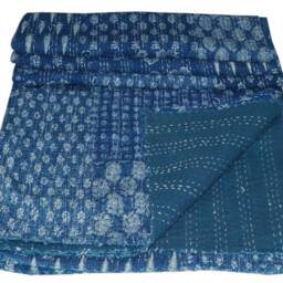 Indian Indigo Blue Patchwork Cotton Kantha Throw Blanket Bedspread Quilt - thumbnail 2