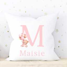 Cushion Pink Bear Balloon Girls Bedroom Accessories, Personalised Baby Gift For Granddaughter, Kids Cover, Teddy Name - thumbnail 4