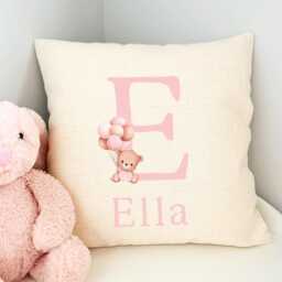 Cushion Pink Bear Balloon Girls Bedroom Accessories, Personalised Baby Gift For Granddaughter, Kids Cover, Teddy Name - thumbnail 3