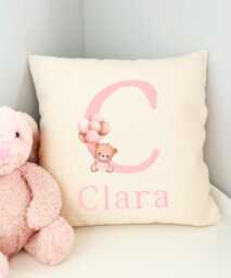 Cushion Pink Bear Balloon Girls Bedroom Accessories, Personalised Baby Gift For Granddaughter, Kids Cover, Teddy Name - thumbnail 1