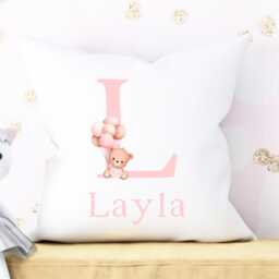Cushion Pink Bear Balloon Girls Bedroom Accessories, Personalised Baby Gift For Granddaughter, Kids Cover, Teddy Name - thumbnail 2