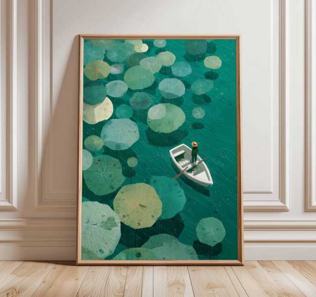 Abstract Lily Pad Boat Art Print, Mid-Century Modern Lake Poster, Green Coastal Minimalist Wall Decor - image 1