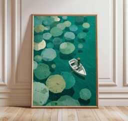 Abstract Lily Pad Boat Art Print, Mid-Century Modern Lake Poster, Green Coastal Minimalist Wall Decor - thumbnail 1
