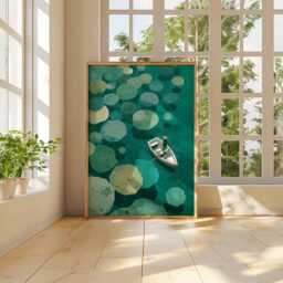 Abstract Lily Pad Boat Art Print, Mid-Century Modern Lake Poster, Green Coastal Minimalist Wall Decor - thumbnail 3