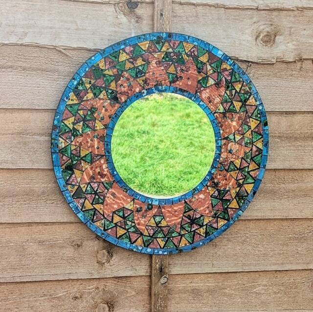Handmade Mosaic Wall Mirror Orange Sun Design, 50cm Diameter - image 1