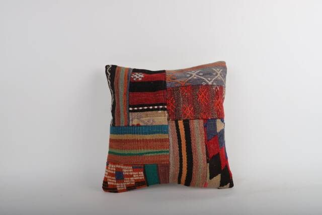 Vintage Turkish Kilim Pillow Cover Handwoven Wool Rug Cushion - 16x16 - image 1