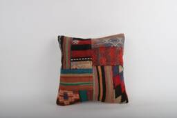 Vintage Turkish Kilim Pillow Cover Handwoven Wool Rug Cushion - 16x16 - thumbnail 1