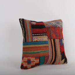 Vintage Turkish Kilim Pillow Cover Handwoven Wool Rug Cushion - 16x16 - thumbnail 2