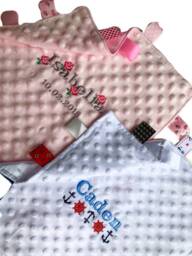 Personalised Embroidered Baby Taggy Blanket, Minky Comforter, Satin Tags - thumbnail 1