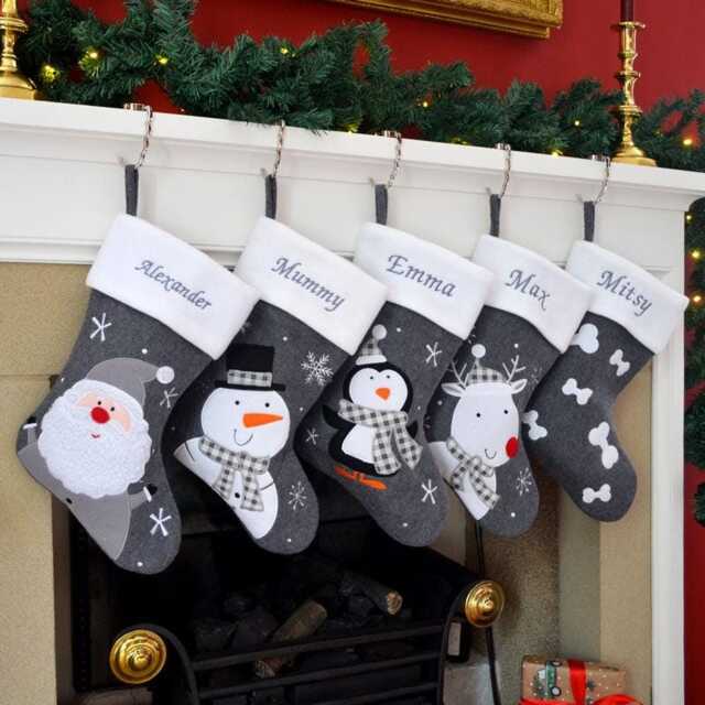 Personalised Embroidered Christmas Stocking Luxury Dark Grey Knitted With Name - Santa, Snowman Or Reindeer Design UK Gift - image 1