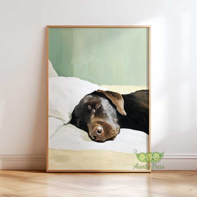 Sleeping Chocolate Labrador Print, Brown Dog Wall Art, Cozy Painting, Green Animal Poster, Peaceful Lover Gift, Minimalist Pet Decor - image 1