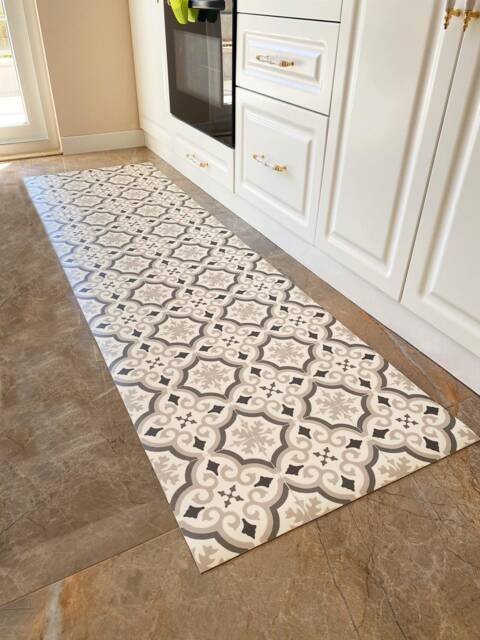 Vinyl Floor Mat in Grey & White Moroccan Tile Pattern, Linoleum Rug, PVC Floormat For Kitchens, Bathrooms Hallways - image 1