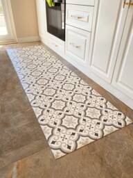 Vinyl Floor Mat in Grey & White Moroccan Tile Pattern, Linoleum Rug, PVC Floormat For Kitchens, Bathrooms Hallways