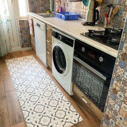 Vinyl Floor Mat in Grey & White Moroccan Tile Pattern, Linoleum Rug, PVC Floormat For Kitchens, Bathrooms Hallways - thumbnail 3