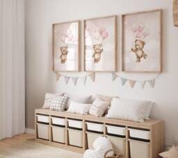 Teddy Bear Nursery Wall Art, Nursery Prints, Bear Decor, Pink Nursery, Stars Cloud Moon, Set Of 3 - thumbnail 1