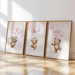 Teddy Bear Nursery Wall Art, Nursery Prints, Bear Decor, Pink Nursery, Stars Cloud Moon, Set Of 3 - thumbnail 3
