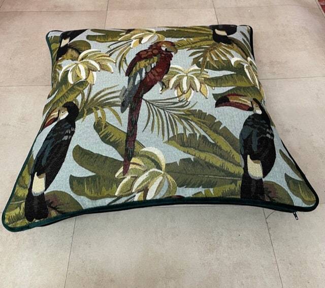 Handmade Toucan & Parrot Cushion Tropical Green Velvet Pillow - image 1